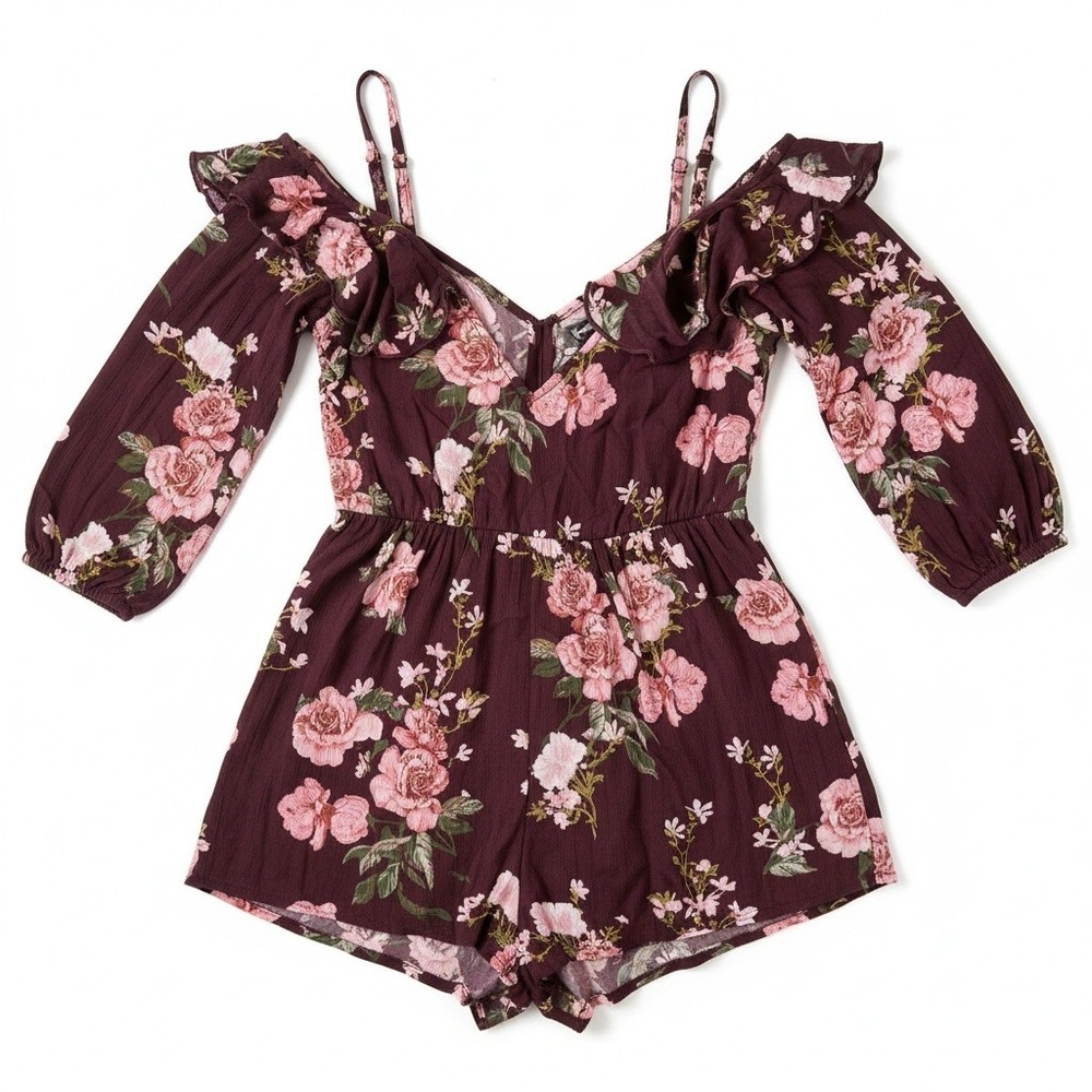 Burgundy Floral Cold Shoulder Top XS Boho Ruffle Cottagecore Blouse